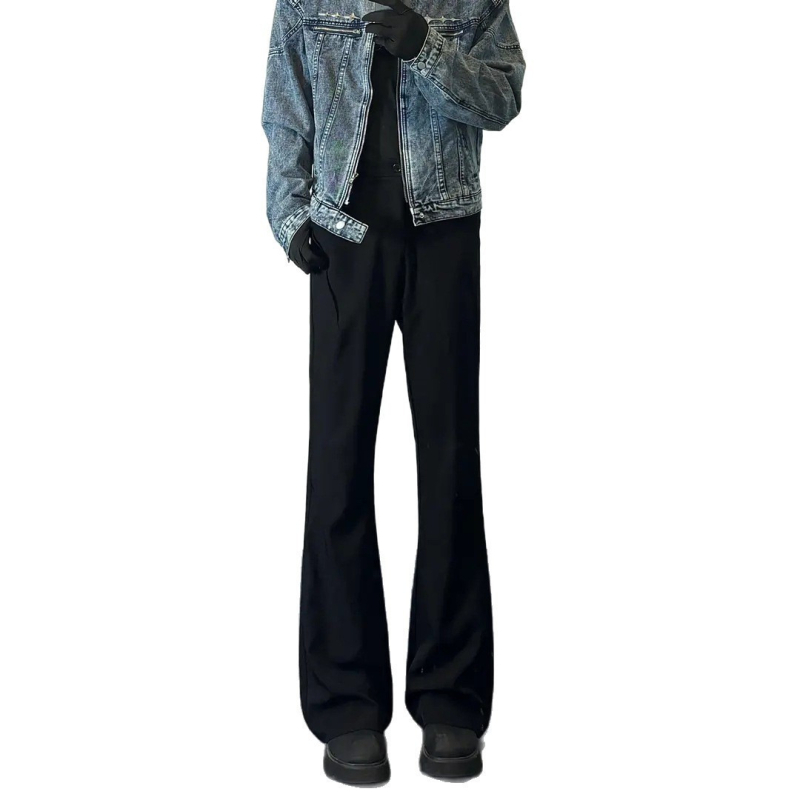 Qlttq Cleanfit Casual crne muške hlače s visokim strukom, opušten kroj, blago šire nogavice, drapiran materijal