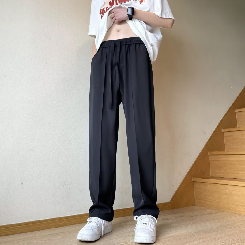 Muške hlače od ice silk, japanskog stila, ravni kroj, labave, tanke, crne, drapé, casual hlače, duljina 9/10