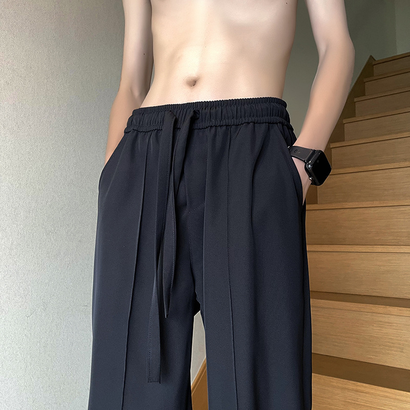 Muške hlače od ice silk, japanskog stila, ravni kroj, labave, tanke, crne, drapé, casual hlače, duljina 9/10