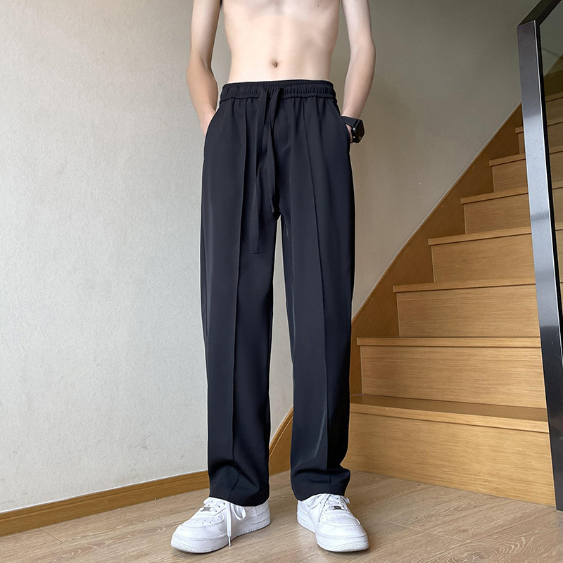 Muške hlače od ice silk, japanskog stila, ravni kroj, labave, tanke, crne, drapé, casual hlače, duljina 9/10
