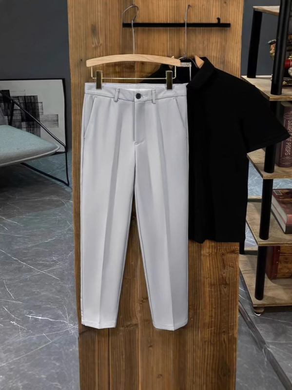 Muške ljetne hlače s drapiranim krojem, cropped dužina, slim fit, korejski stil, poslovno casual, bez glačanja