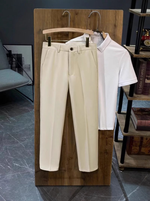 Muške ljetne hlače s drapiranim krojem, cropped dužina, slim fit, korejski stil, poslovno casual, bez glačanja