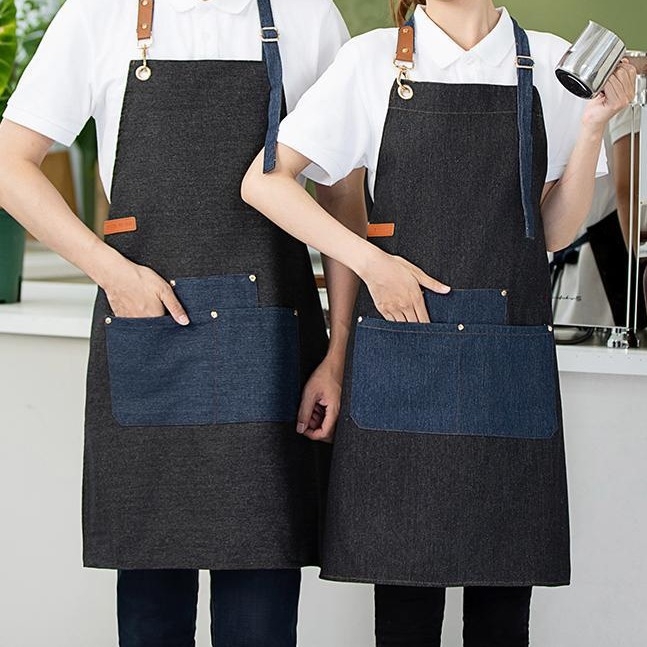 Džins pregača, podesiva, jednobojna boja, otporna na masnoće, zadebljana, za kuhinju kod kuće i restorane s toplim jelima, s mogućnošću prilagodbe logotipa, korejski stil, podesivi vratni kaiš