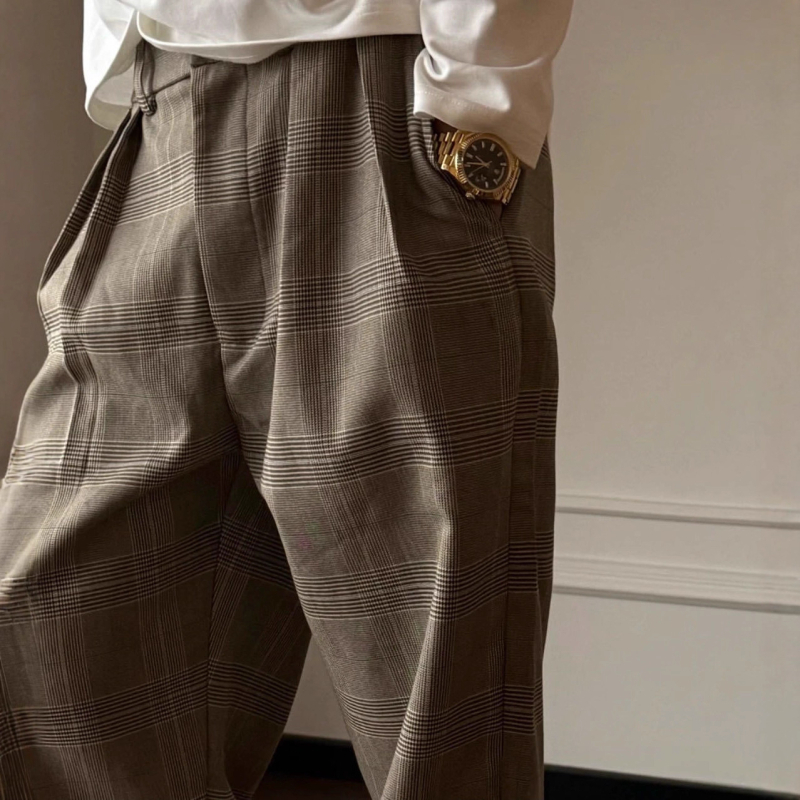 Auticup Στυλ Old Money, μοτίβο houndstooth, παχιά πιέτες και draped παντελόνια, ίσιο κόψιμο, άνετα, μακριά παντελόνια για άνδρες και γυναίκες