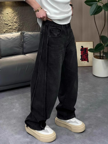 Muške crne široke traperice s drapiranjem, jesenski stil, duljina do poda