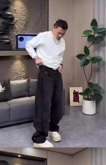 Muške crne široke traperice s drapiranjem, jesenski stil, duljina do poda