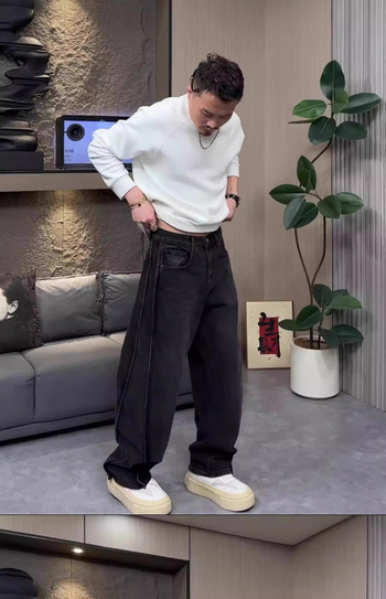 Muške crne široke traperice s drapiranjem, jesenski stil, duljina do poda