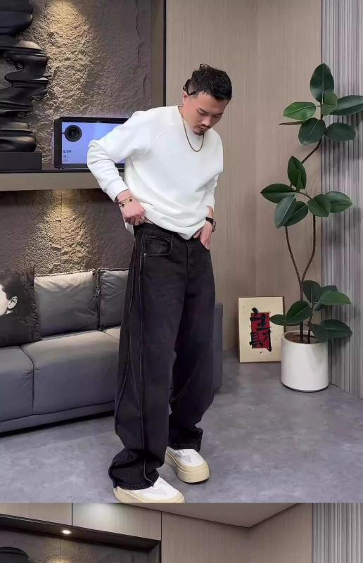 Muške crne široke traperice s drapiranjem, jesenski stil, duljina do poda