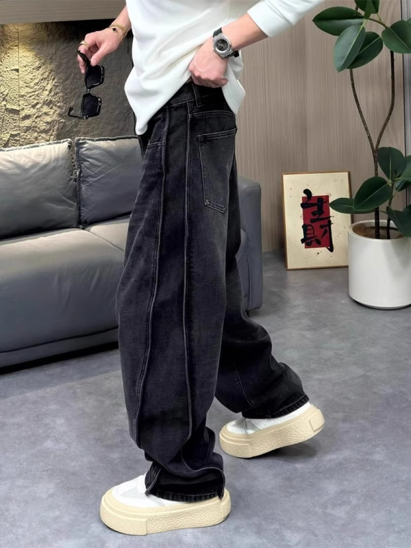 Muške crne široke traperice s drapiranjem, jesenski stil, duljina do poda