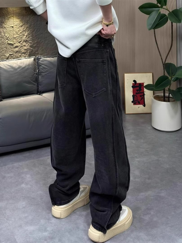 Muške crne široke traperice s drapiranjem, jesenski stil, duljina do poda