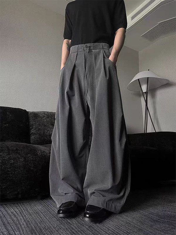 Muške sive plisirane hlače za kostim, s padajućim krojem, opuštenog kroja, širokih nogavica, casual, do poda