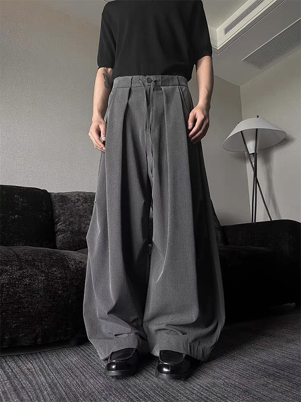 Muške sive plisirane hlače za kostim, s padajućim krojem, opuštenog kroja, širokih nogavica, casual, do poda