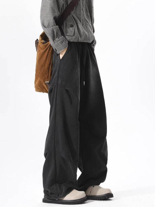 Muške trenirke u stilu modne marke, oprane vintage, zimske teške, plisirane i drapirane, široke nogavice, opuštena ravna silueta, casual hlače