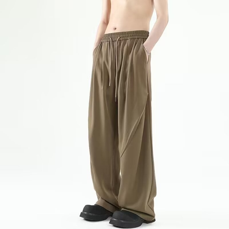 Muške hlače u američkom stilu s plisiranjem, od hladnog Ice-Silk materijala, lagane za ljeto, udoban slobodan kroj, ravni kroj, duge casual hlače