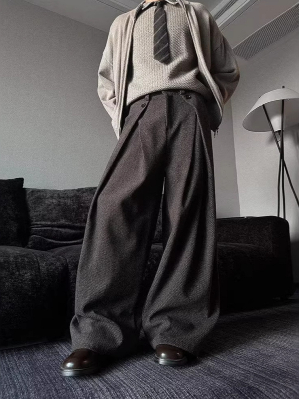 Muške hlače u uzorku haunstooth, plisirane u A-liniji, s drape efektom, otporne na nabore, blago široke nogavice, poslovno casual stil