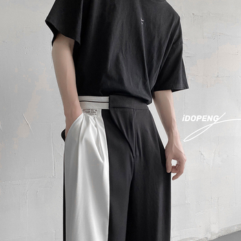 Muške široke hlače od ice silk, korejski stil, crno-bijeli blok boja, ležerni kroj s drapiranjem, casual za proljeće i jesen, američki streetwear, duljina do poda.