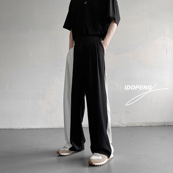 Muške široke hlače od ice silk, korejski stil, crno-bijeli blok boja, ležerni kroj s drapiranjem, casual za proljeće i jesen, američki streetwear, duljina do poda.