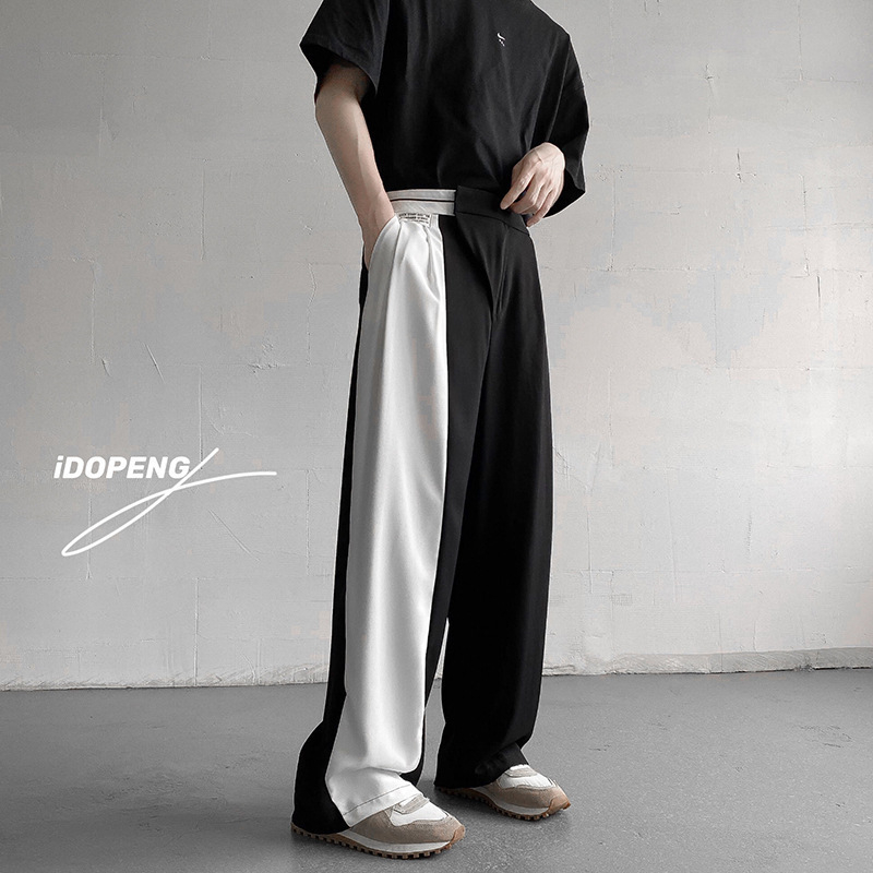 Muške široke hlače od ice silk, korejski stil, crno-bijeli blok boja, ležerni kroj s drapiranjem, casual za proljeće i jesen, američki streetwear, duljina do poda.