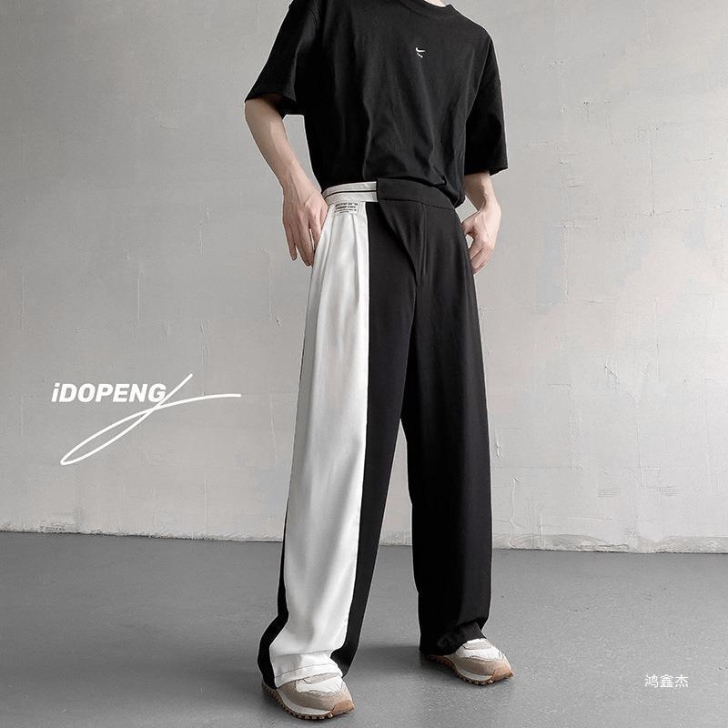 Muške široke hlače od ice silk, korejski stil, crno-bijeli blok boja, ležerni kroj s drapiranjem, casual za proljeće i jesen, američki streetwear, duljina do poda.