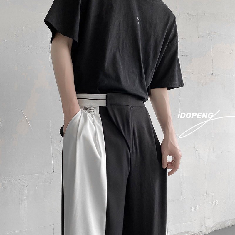 Muške široke hlače od ice silk, korejski stil, crno-bijeli blok boja, ležerni kroj s drapiranjem, casual za proljeće i jesen, američki streetwear, duljina do poda.