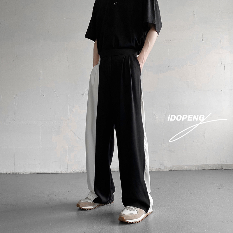 Muške široke hlače od ice silk, korejski stil, crno-bijeli blok boja, ležerni kroj s drapiranjem, casual za proljeće i jesen, američki streetwear, duljina do poda.