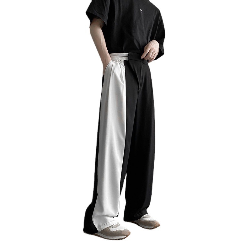 Muške široke hlače od ice silk, korejski stil, crno-bijeli blok boja, ležerni kroj s drapiranjem, casual za proljeće i jesen, američki streetwear, duljina do poda.