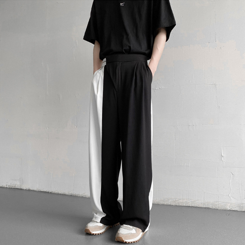 Muške široke hlače od ice silk, korejski stil, crno-bijeli blok boja, ležerni kroj s drapiranjem, casual za proljeće i jesen, američki streetwear, duljina do poda.