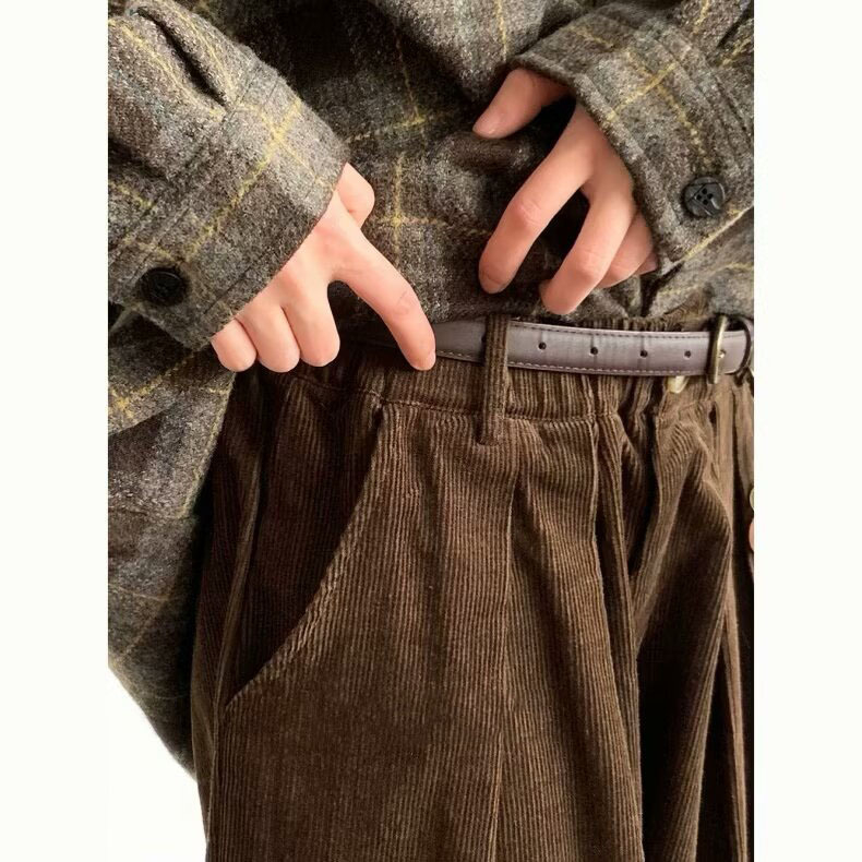 Unisex hlače od korduroja, smeđa boja kave, ravni kroj, opušteno, casual, dugačke
