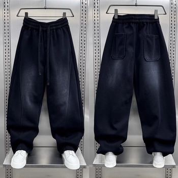 Američki streetwear jesen 2025 — muške sportske hlače, širokih nogavica, visok struk, elastični pojas, široke noge, izblijedjeli efekt