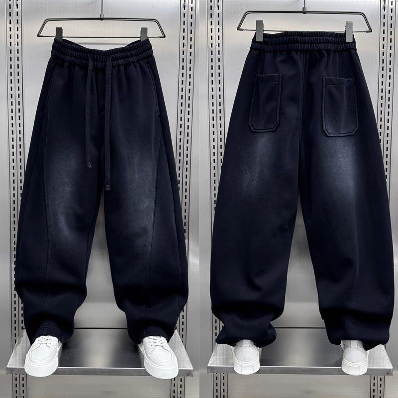 Američki streetwear jesen 2025 — muške sportske hlače, širokih nogavica, visok struk, elastični pojas, široke noge, izblijedjeli efekt