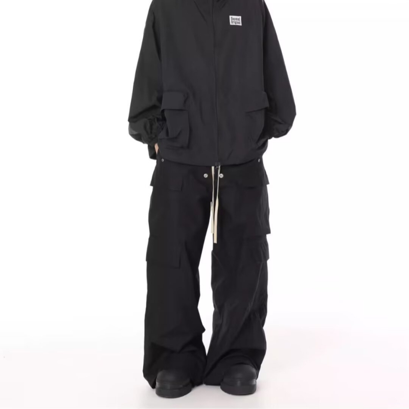 2024 Αμερικάνικου στυλ ρετρό cargo παντελόνια με πολλές τσέπες, κορδόνι στη ζώνη, ανδρικά, χαλαρά, καθημερινά, φαρδιά, μακριά