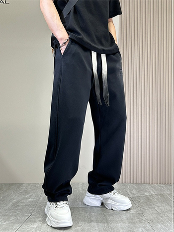 Plus-Size ανδρικά casual παντελόνια, μαύρα, άνοιξη-φθινόπωρο, streetwear έμπνευση, χαλαρή γραμμή