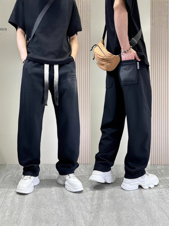 Plus-Size ανδρικά casual παντελόνια, μαύρα, άνοιξη-φθινόπωρο, streetwear έμπνευση, χαλαρή γραμμή