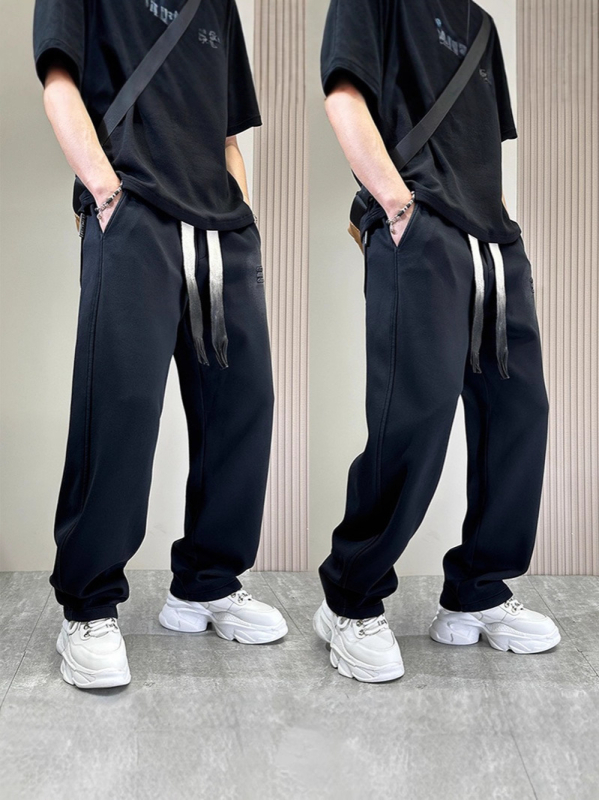 Plus-Size ανδρικά casual παντελόνια, μαύρα, άνοιξη-φθινόπωρο, streetwear έμπνευση, χαλαρή γραμμή