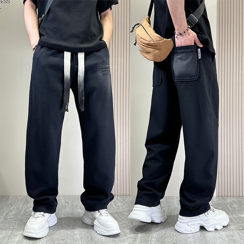Plus-Size ανδρικά casual παντελόνια, μαύρα, άνοιξη-φθινόπωρο, streetwear έμπνευση, χαλαρή γραμμή