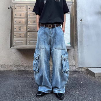 Αμερικανικού ρετρό denim παντελόνια για άνδρες με μεγάλες τσέπες, χαλαρή γραμμή, φαρδιά πόδια