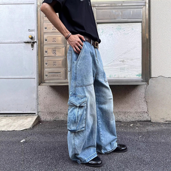 Αμερικανικού ρετρό denim παντελόνια για άνδρες με μεγάλες τσέπες, χαλαρή γραμμή, φαρδιά πόδια