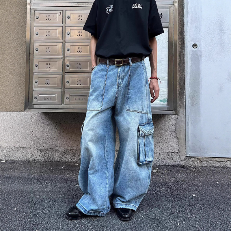 Αμερικανικού ρετρό denim παντελόνια για άνδρες με μεγάλες τσέπες, χαλαρή γραμμή, φαρδιά πόδια