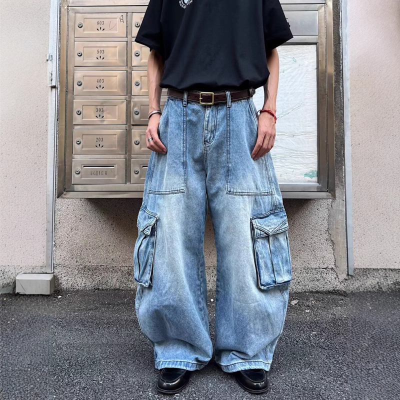 Αμερικανικού ρετρό denim παντελόνια για άνδρες με μεγάλες τσέπες, χαλαρή γραμμή, φαρδιά πόδια