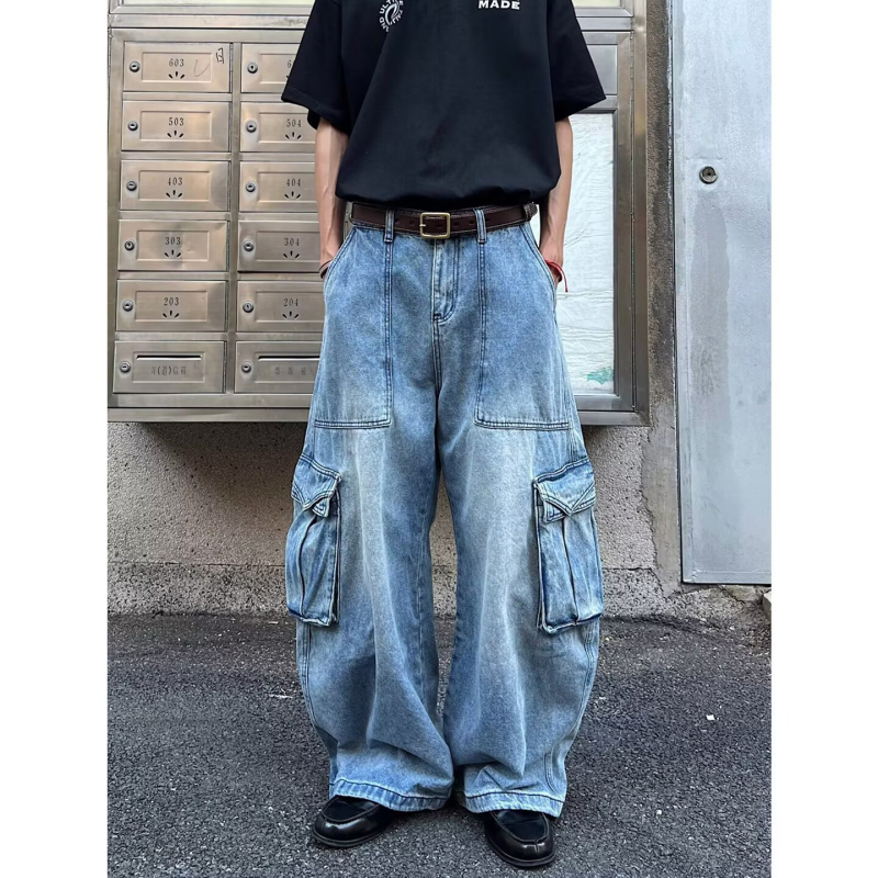 Αμερικανικού ρετρό denim παντελόνια για άνδρες με μεγάλες τσέπες, χαλαρή γραμμή, φαρδιά πόδια