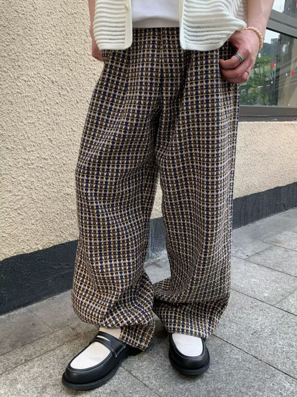 Ανδρικά παντελόνια σε στυλ Old Money, πλισέ καρό, casual, χειμωνιάτικο vintage, φαρδιά γραμμή, μακριά μέχρι το πάτωμα