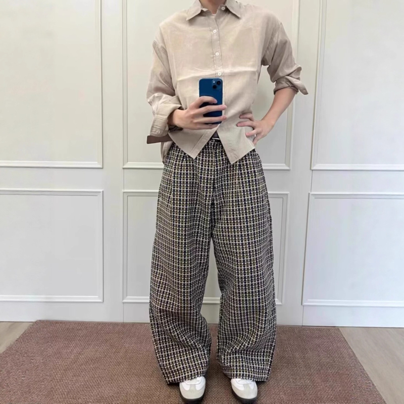 Ανδρικά παντελόνια σε στυλ Old Money, πλισέ καρό, casual, χειμωνιάτικο vintage, φαρδιά γραμμή, μακριά μέχρι το πάτωμα