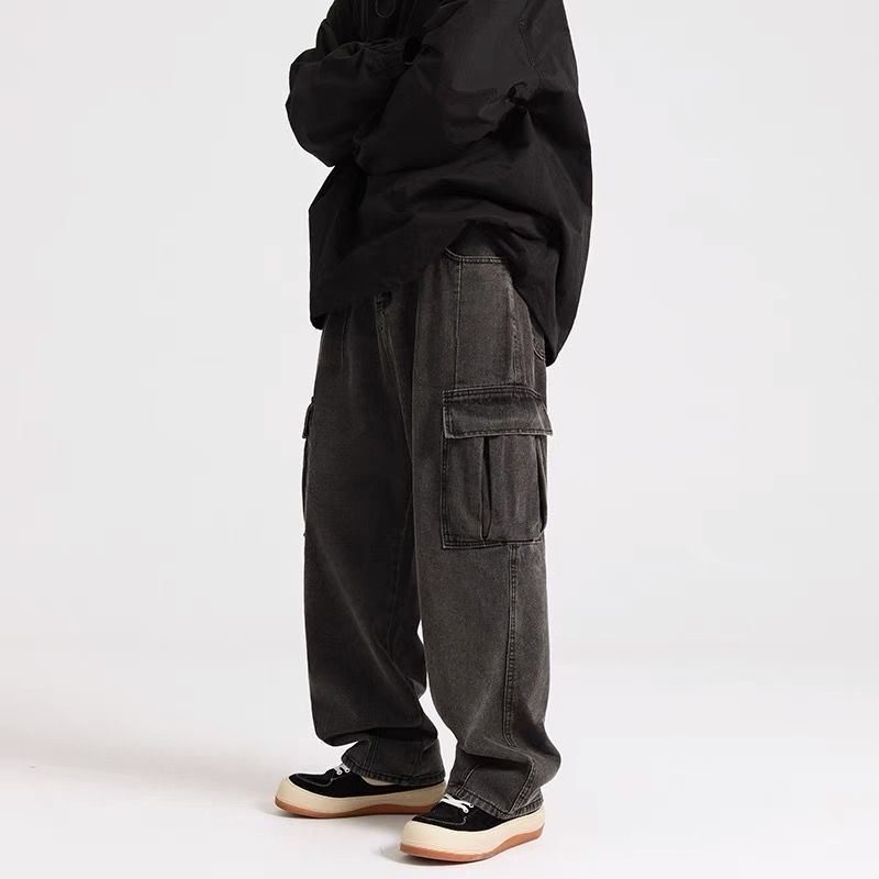Muške traperice u američkom ulično-stilskom stilu, široke, ravnog kroja, s više džepova, isprani denim