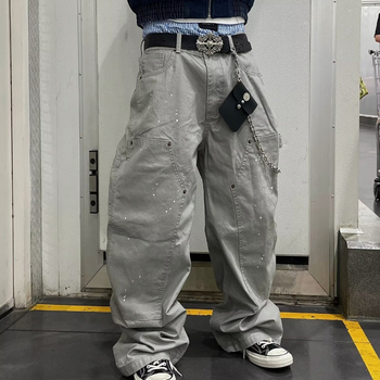 Ανδρικά παντελόνια cargo σε αμερικανικό στυλ με αποσυναρμολογημένο patchwork και πιτσιλιές μπογιάς, πολλά τσέπες, ρετρό χαλαρή ευρεία γραμμή, μακριά παντελόνια