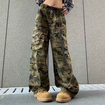 Američkog stila denim hlače s širokim krojem, unisex (muškarci i žene), elastični pojas, kamuflažni radni stil, jesen-zima 2025