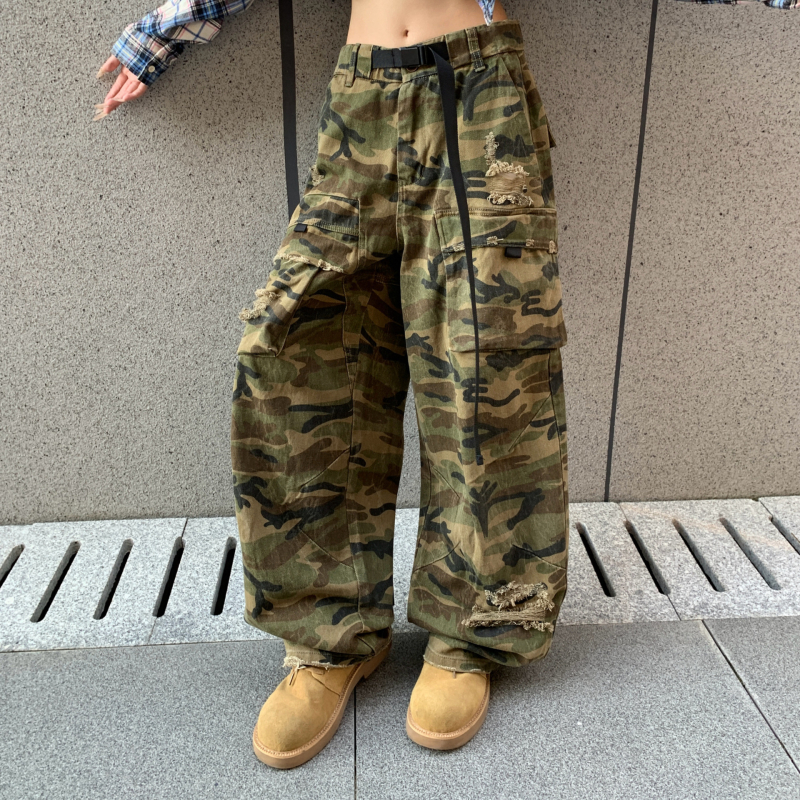 Američkog stila denim hlače s širokim krojem, unisex (muškarci i žene), elastični pojas, kamuflažni radni stil, jesen-zima 2025