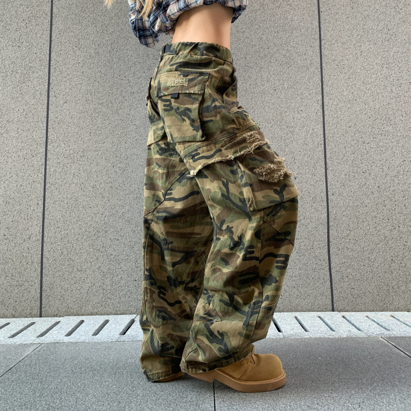 Američkog stila denim hlače s širokim krojem, unisex (muškarci i žene), elastični pojas, kamuflažni radni stil, jesen-zima 2025