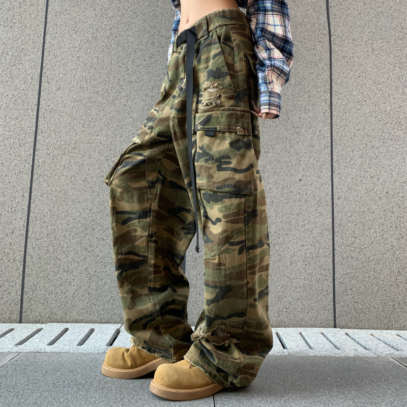 Američkog stila denim hlače s širokim krojem, unisex (muškarci i žene), elastični pojas, kamuflažni radni stil, jesen-zima 2025