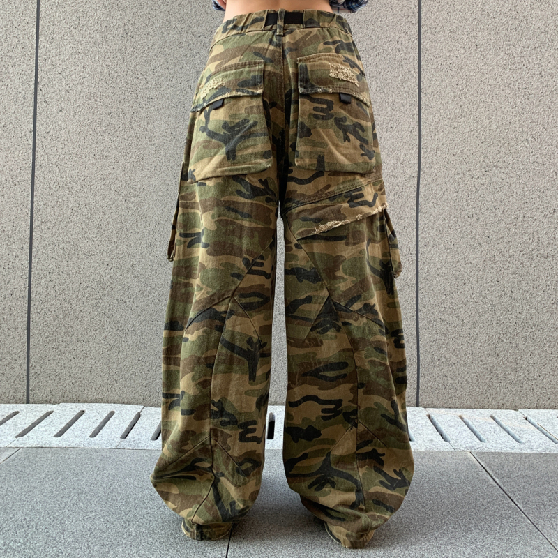 Američkog stila denim hlače s širokim krojem, unisex (muškarci i žene), elastični pojas, kamuflažni radni stil, jesen-zima 2025