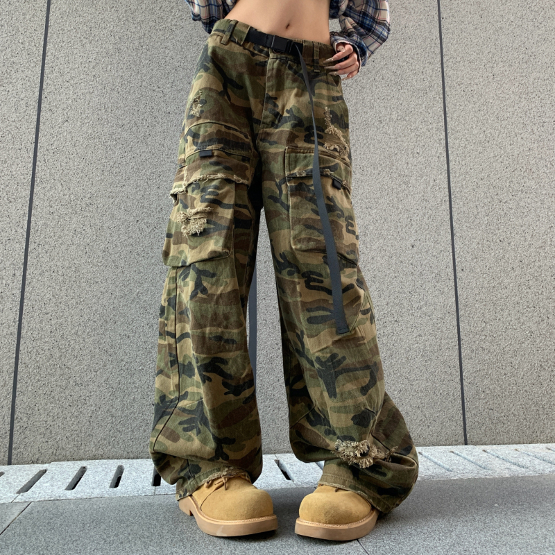 Američkog stila denim hlače s širokim krojem, unisex (muškarci i žene), elastični pojas, kamuflažni radni stil, jesen-zima 2025